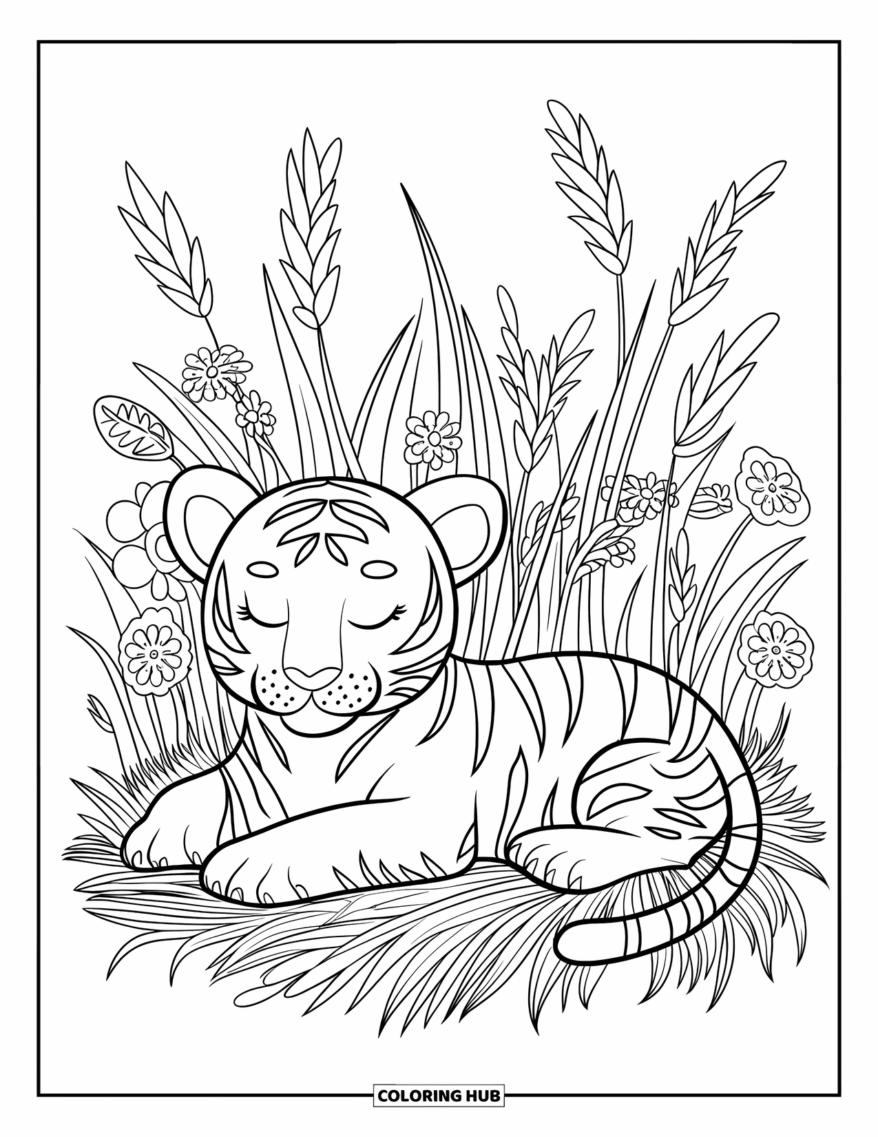 Kolorowanka z Tygryskiem dla Dorosłych: Mały tygrys leży spokojnie na łące pełnej kwiatów i trawy