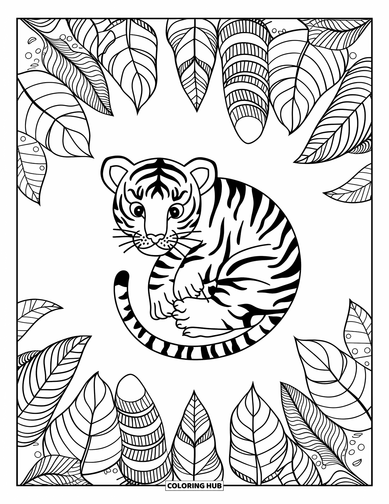 Kolorowanka z małym tygrysem dla dorosłych: Mały tygrys odpoczywa w spiralnej pozycji z wzorzystymi liśćmi wokół