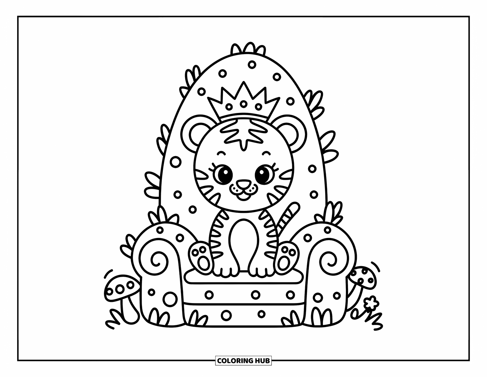 Kolorowanka z Tygryskiem dla Dorosłych: Mały tygrys nosi koronę z liści, siedząc dumnie na leśnym tronie