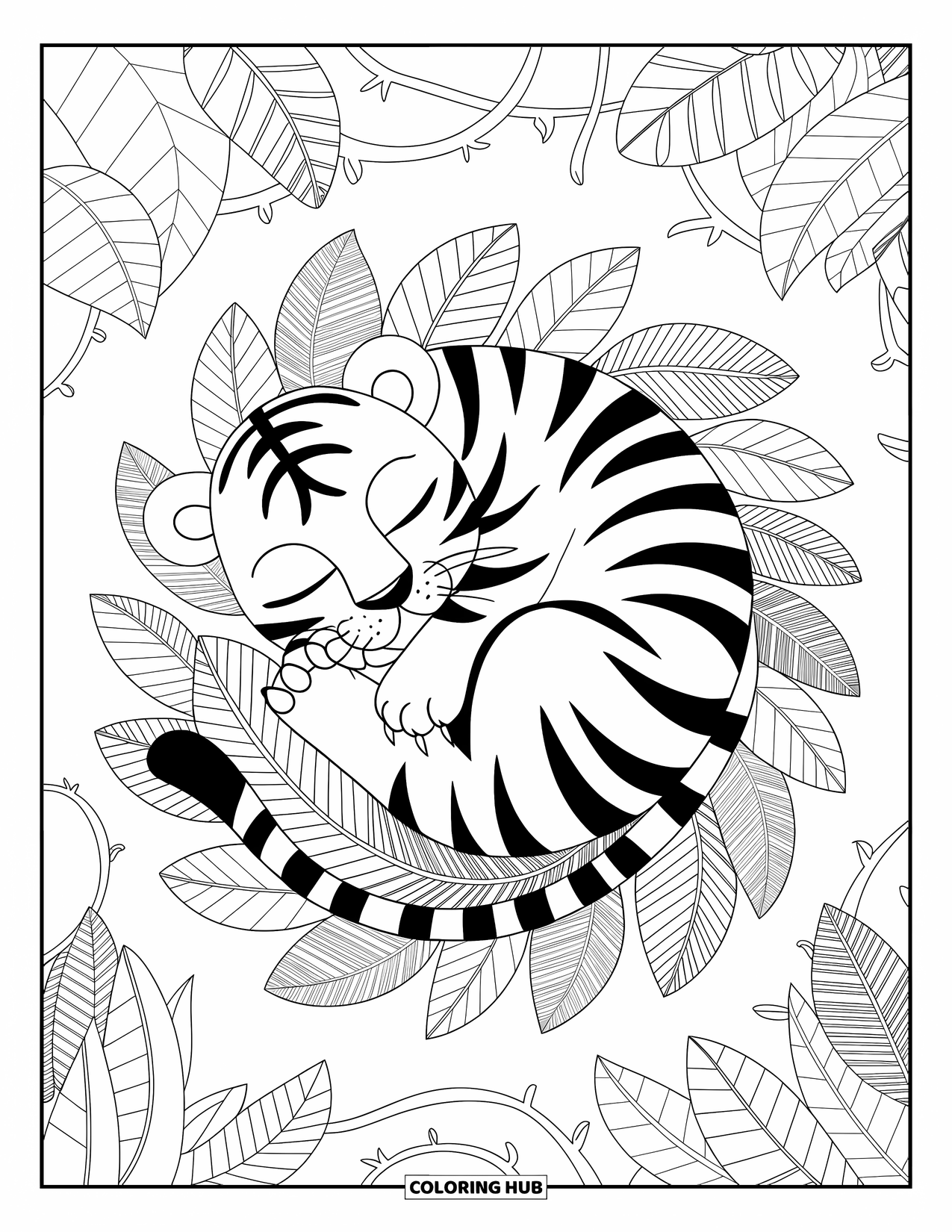 Kolorowanka z małym tygrysem dla dorosłych: Zwinięty tygrys śpi wśród wirujących liści dżungli w szczegółowym otoczeniu