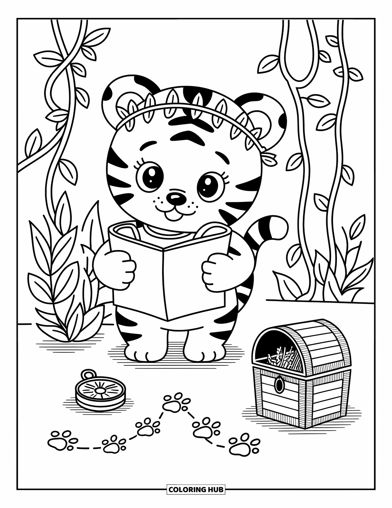 Kolorowanka z Tygryskiem dla Dorosłych: Mały tygrysek odkrywca chowa się za winoroślą z kompasem-zabawką
