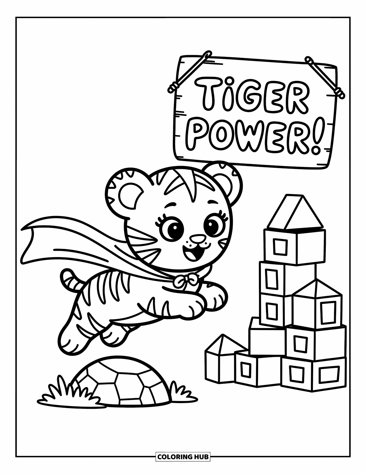 Kolorowanka z Tygryskiem dla Dorosłych: Mały superbohater tygrys skacze wysoko z napisem „Moc Tygrysa!” obok