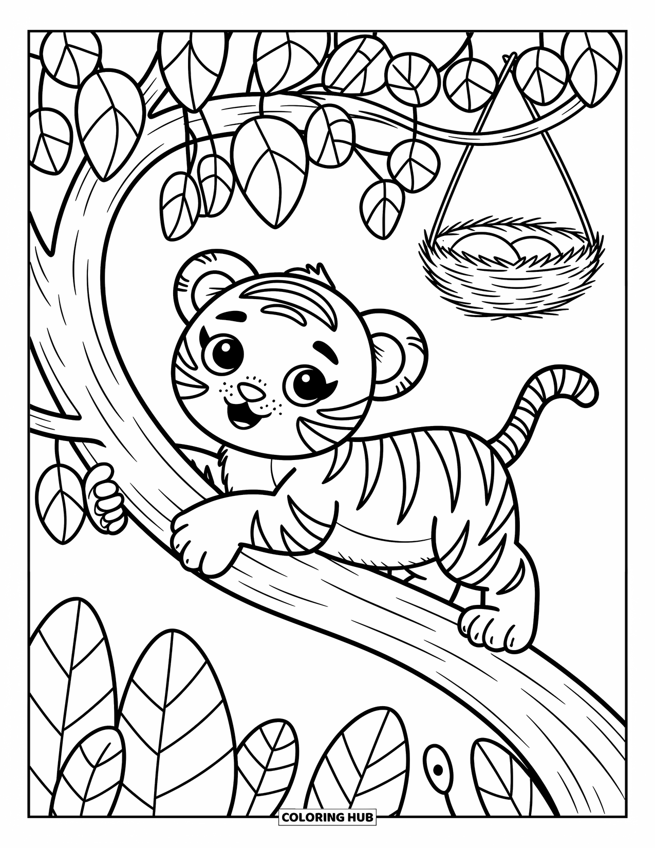 Kolorowanka z Tygryskiem dla Dorosłych: Mały tygrys trzyma się gałęzi w pobliżu winorośli i gniazda małego ptaszka
