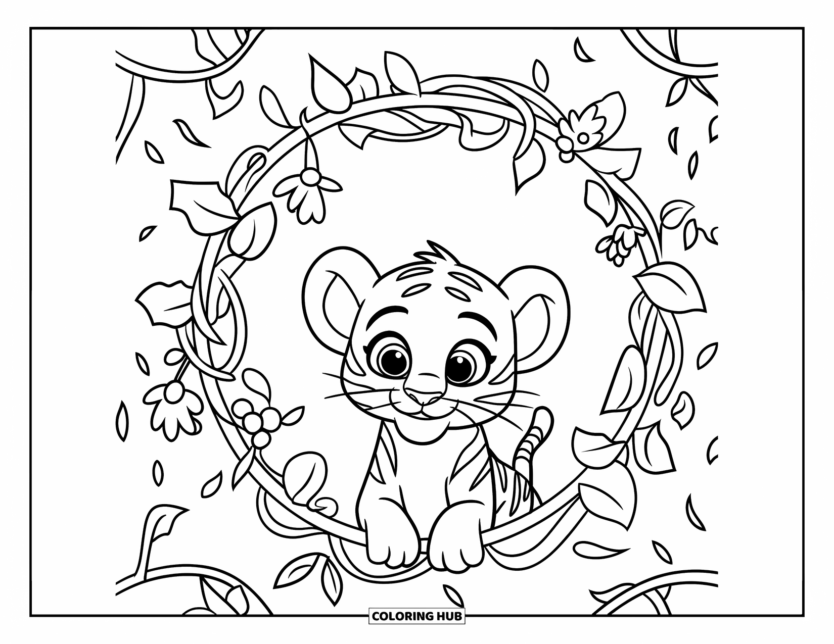 Kolorowanka z małym tygrysem dla dorosłych: Mały tygrys odpoczywa w ramce z winorośli i kwiatów z uroczym wyglądem