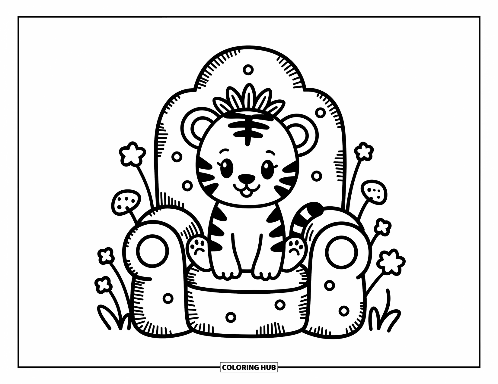 Kolorowanka z Tygryskiem dla Dorosłych: Mały tygrys rządzi lasem z tronu wykonanego z pokrytych mchem skał