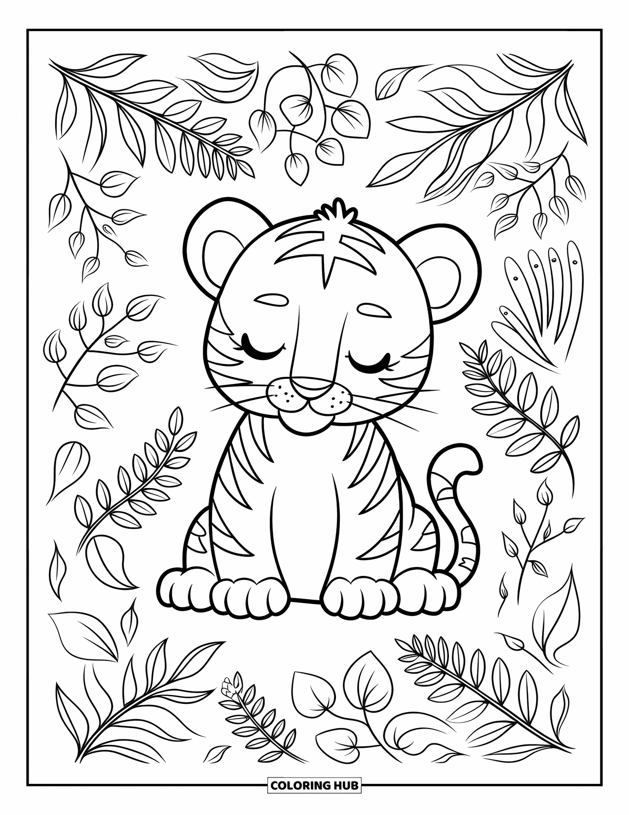 Kolorowanka z małym tygrysem dla dorosłych: Mały tygrys śpi wśród paproci i winorośli z uroczym spokojem