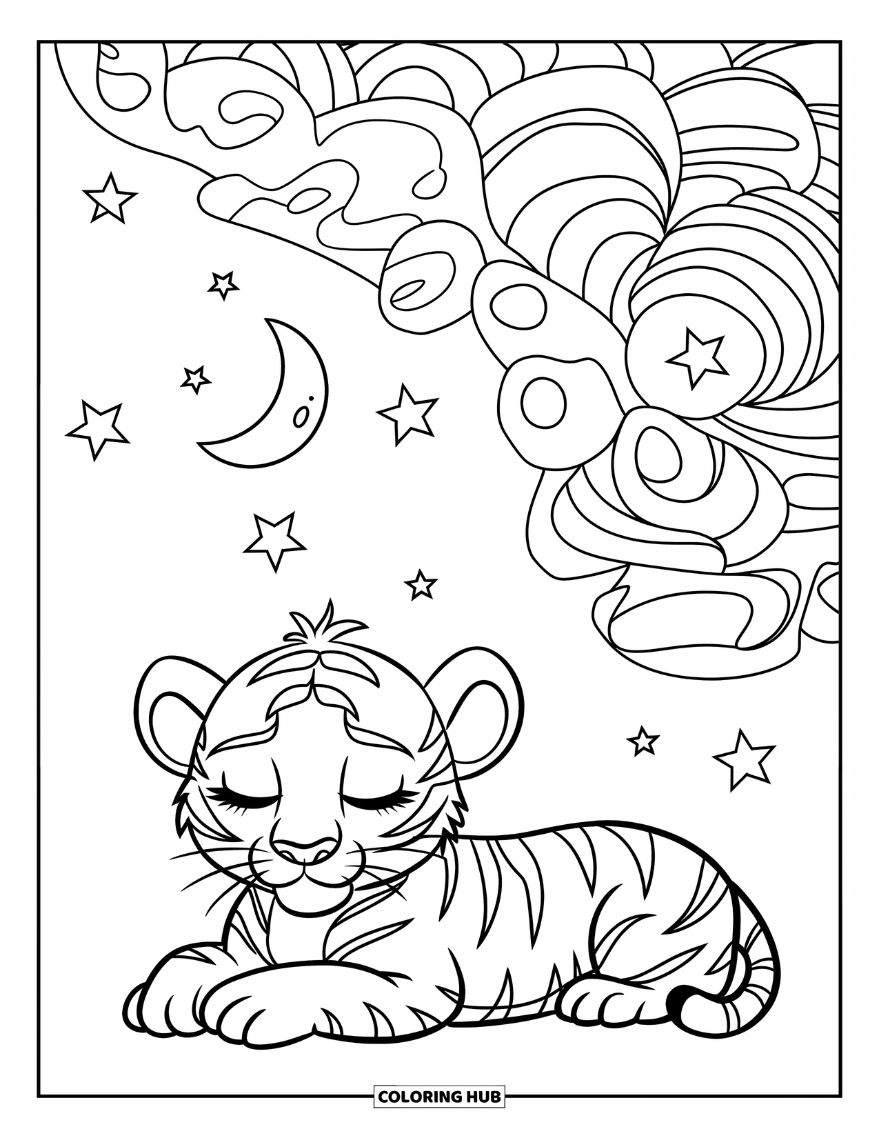 Kolorowanka z Tygryskiem dla Dorosłych: Spokojny tygrys leży pod gwiaździstym niebem z wirującymi wzorami księżyca