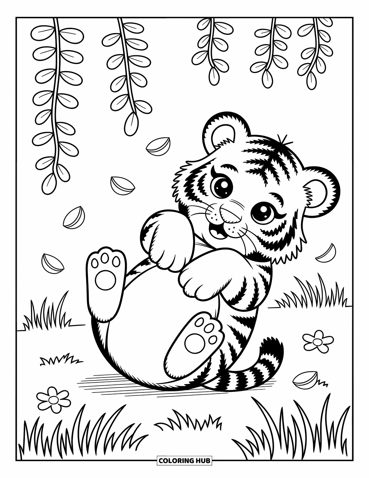 Kolorowanka z Tygryskiem dla Dorosłych: Figlarny tygrys leży na plecach z płatkami delikatnie spoczywającymi na brzuchu