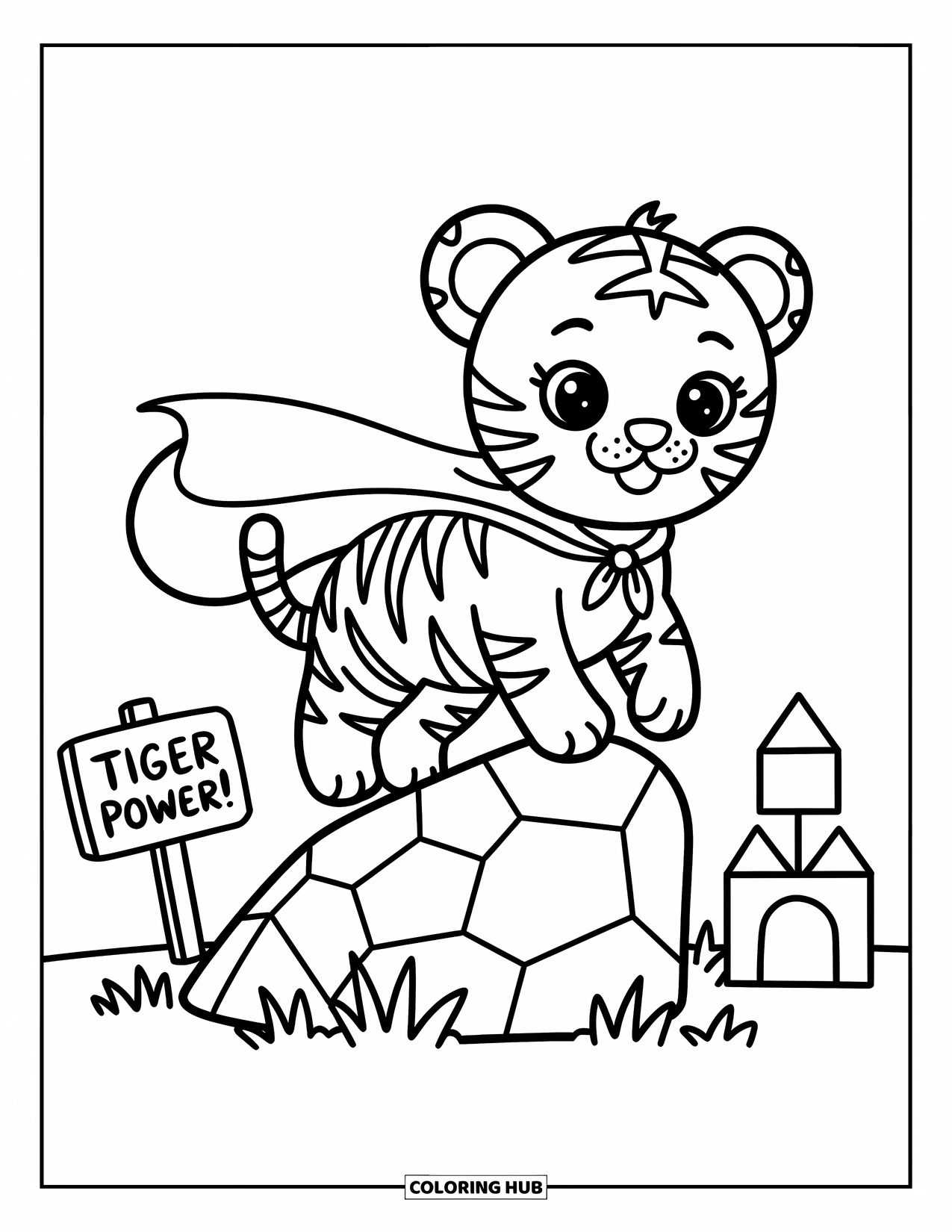 Kolorowanka z Tygryskiem dla Dorosłych: Tygrysiątko w pelerynie leci z skały w kierunku miasta z klocków