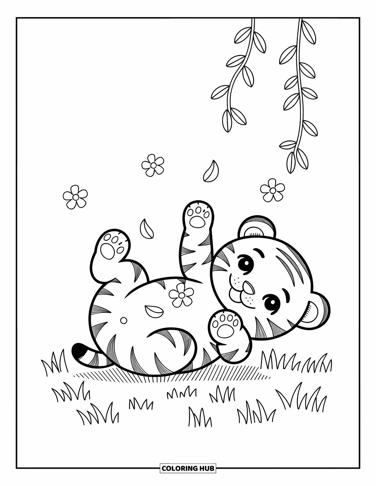 Kolorowanka z Tygryskiem dla Dorosłych: Tygrysiątko macha łapkami w powietrzu otoczonym spadającymi płatkami kwiatów