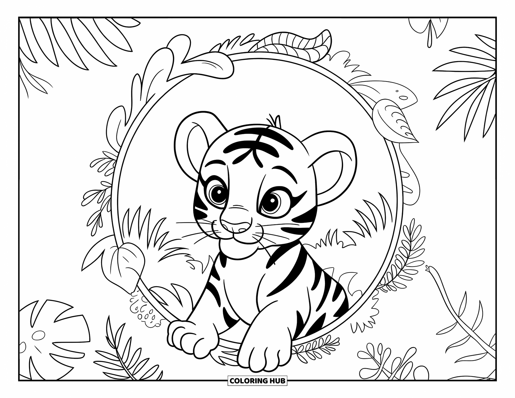 Kolorowanka z Tygryskiem dla Dorosłych: Tygrysiątko wygląda z kręgu liści i kwiatów dżungli