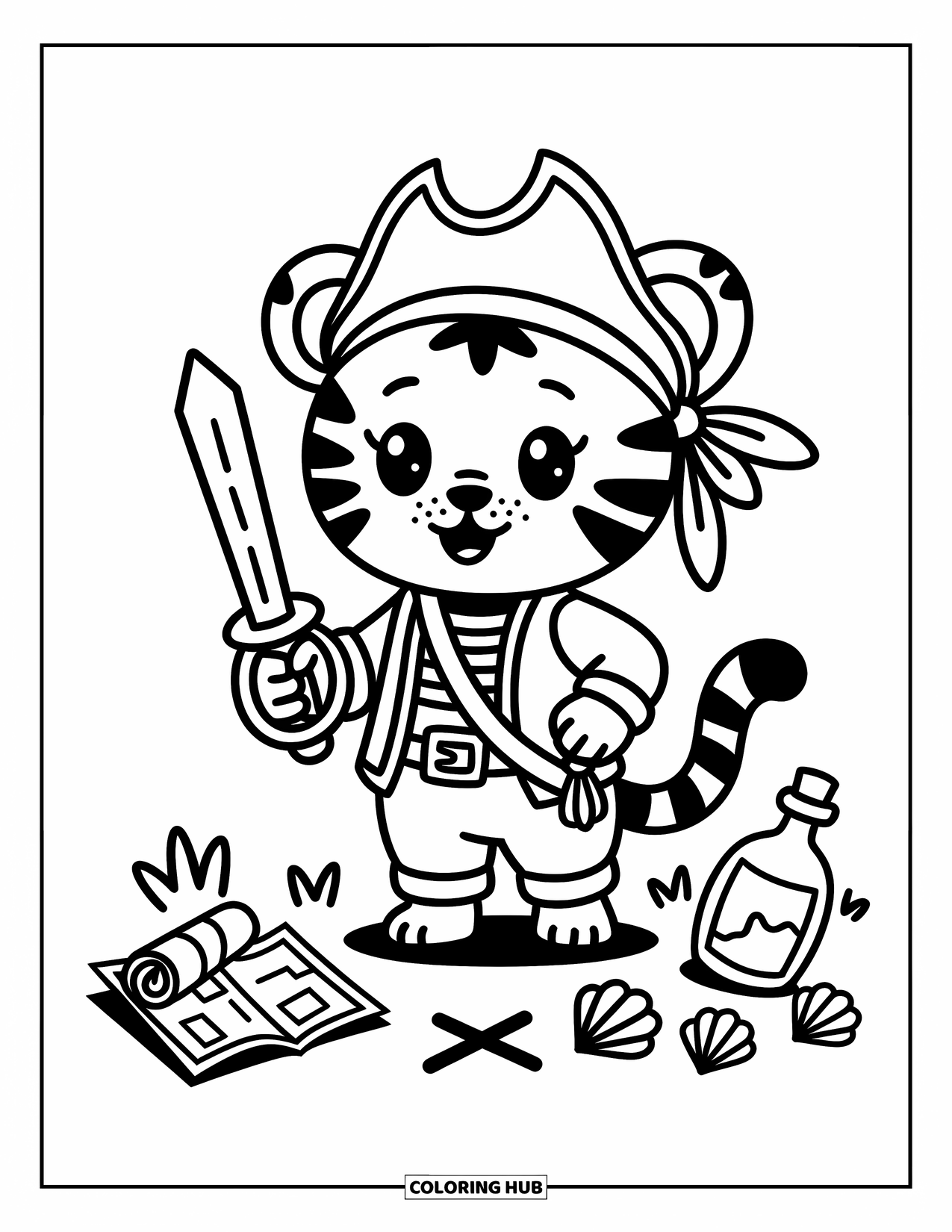 Kolorowanka z Tygryskiem dla Dorosłych: Tygrysiątko bawi się w pirata z kapeluszem z liścia i drewnianym kijem- mieczem