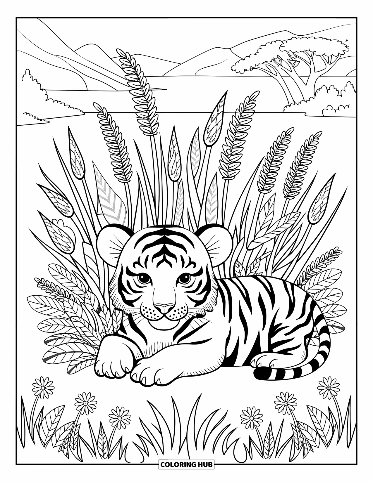 Kolorowanka z małym tygrysem dla dorosłych: Tygrysiątko odpoczywa z głową opartą na łapkach na kwiecistym polu