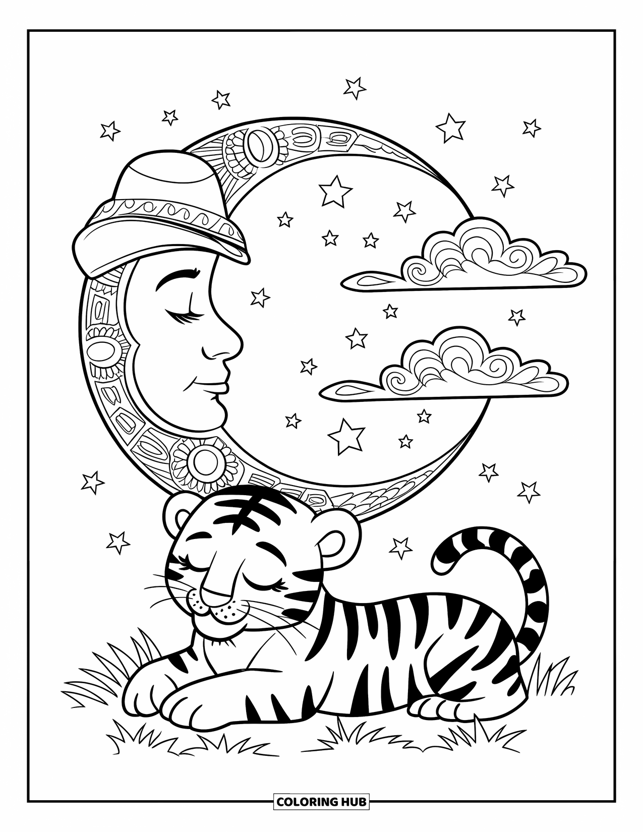 Kolorowanka z małym tygrysem dla dorosłych: Tygrysiątko odpoczywa pod sennym księżycem z kapeluszem i gwiazdami powyżej
