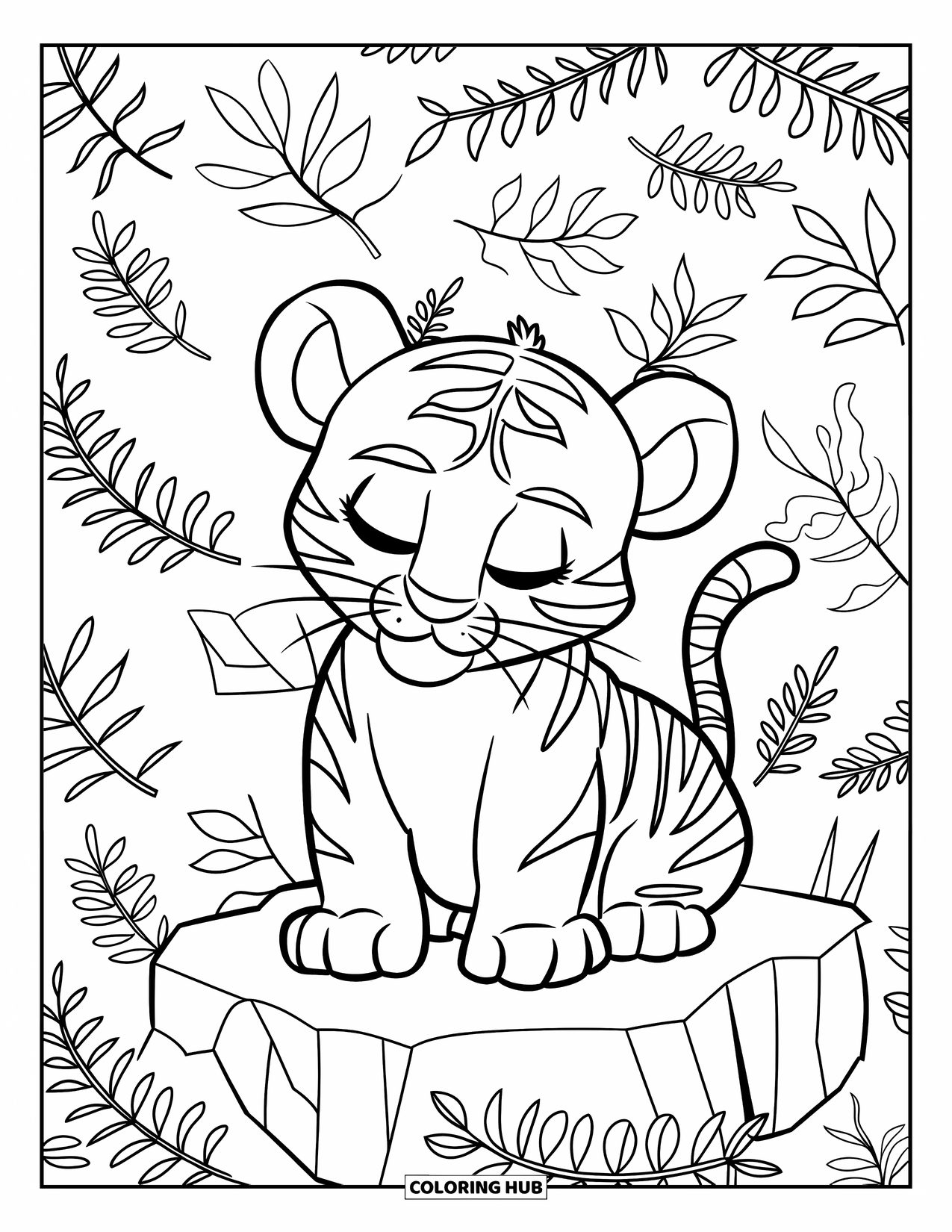 Kolorowanka z Tygryskiem dla Dorosłych: Tygrysiątko siedzi spokojnie wśród powtarzających się wzorów z liści i paproci