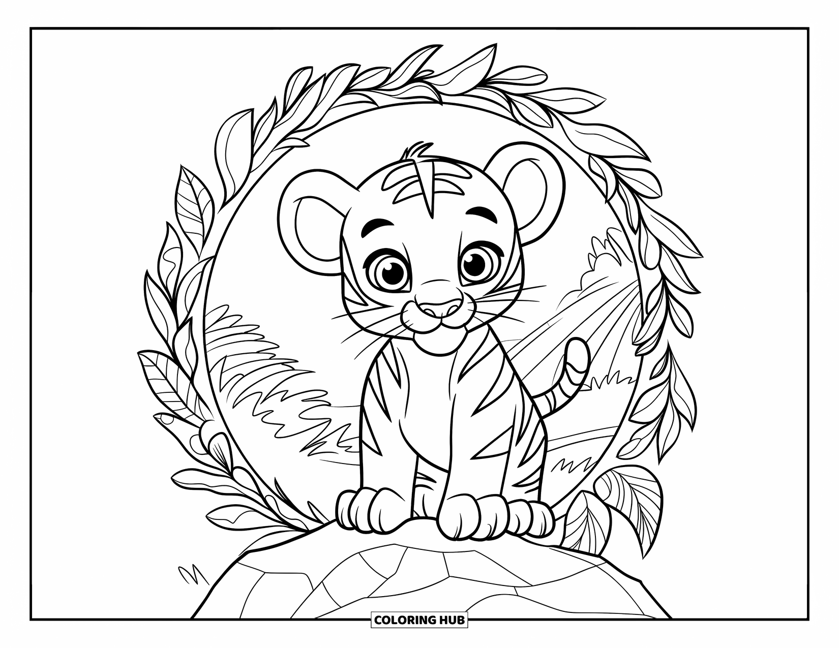 Kolorowanka z małym tygrysem dla dorosłych: Tygrysiątko siedzi w liściastym okręgu otoczonym bujną roślinnością