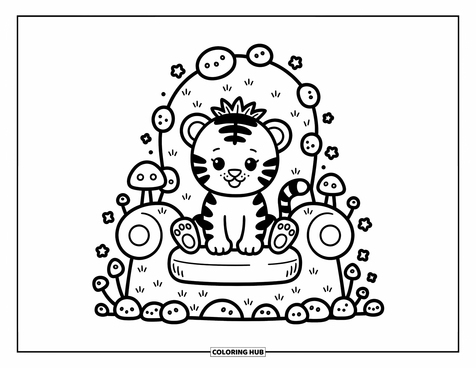 Kolorowanka z Tygryskiem dla Dorosłych: Tygrysiątko siedzi na mchu z koroną z liści