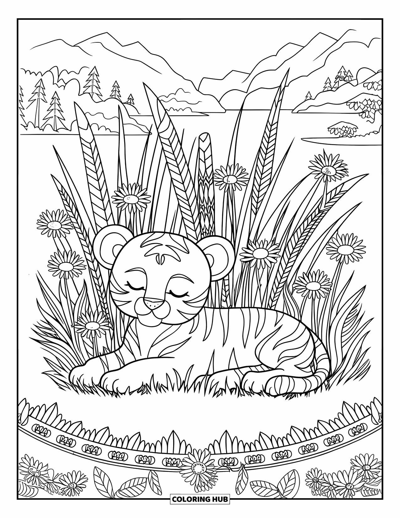 Kolorowanka z małym tygrysem dla dorosłych: Tygrysiątko śpi spokojnie wśród wysokiej trawy i dzikich kwiatów