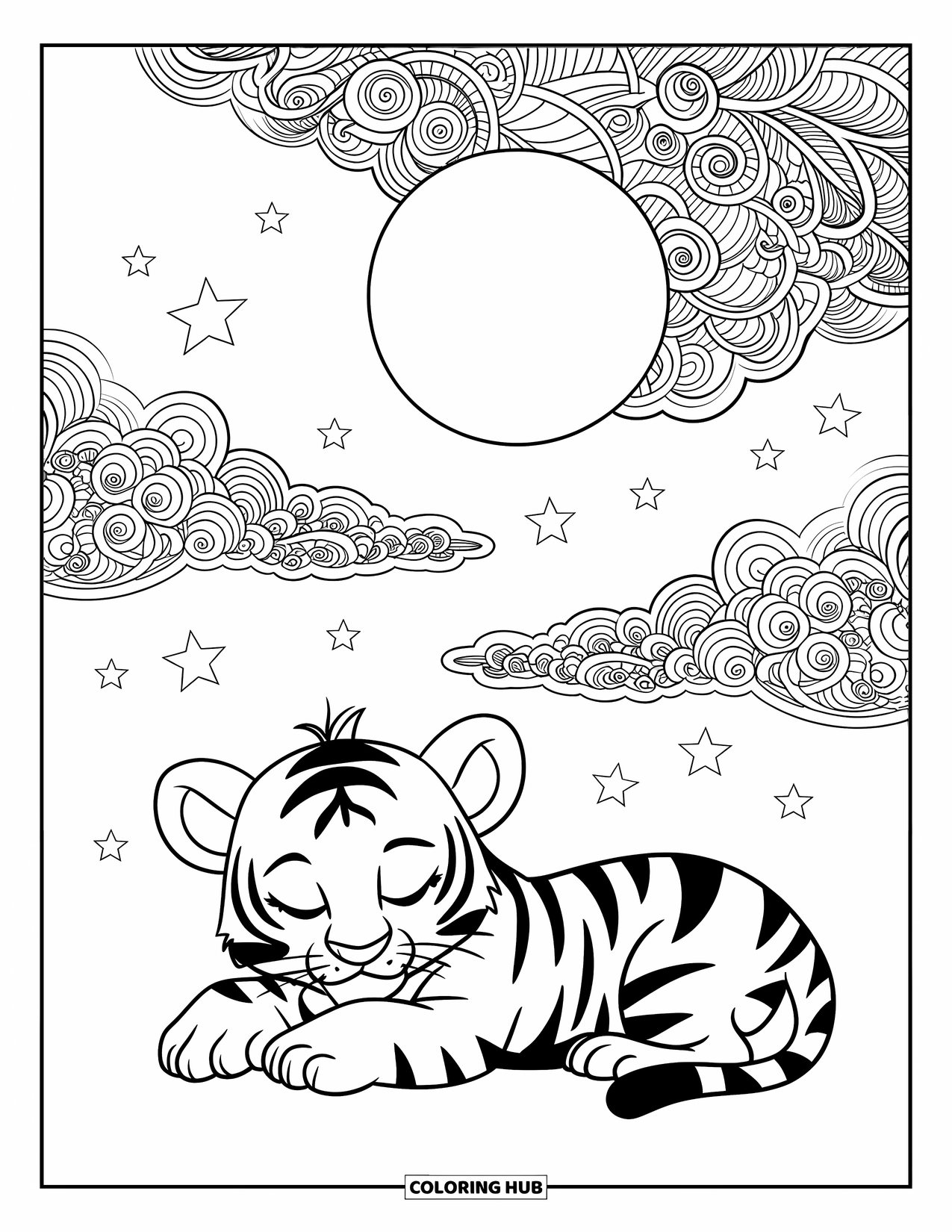 Kolorowanka z małym tygrysem dla dorosłych: Tygrysiątko śpi pod gwiaździstym księżycem z wzorzystymi chmurami powyżej