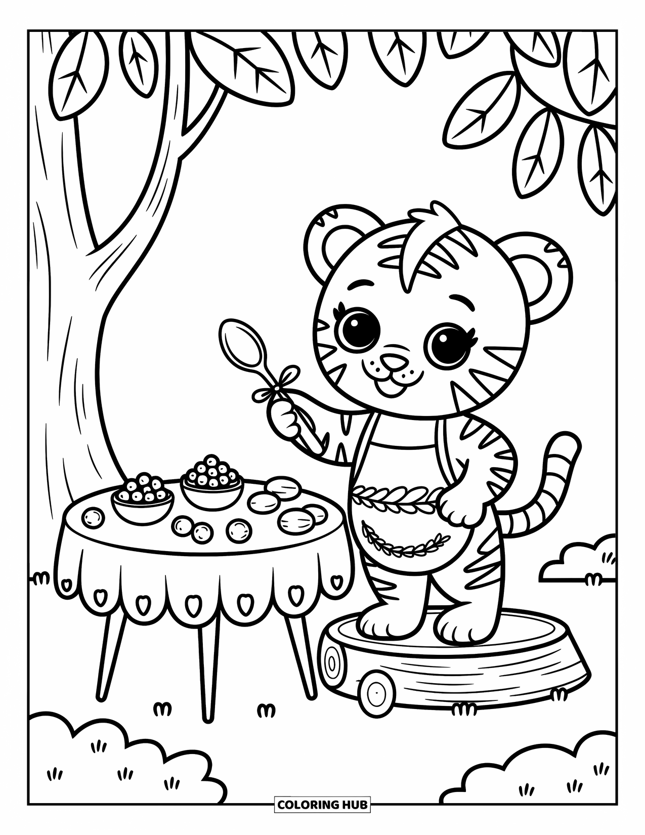 Kolorowanka z Tygryskiem dla Dorosłych: Tygrysiątko stoi na kłodzie z fartuszkiem z liścia i maleńką łyżeczką kucharską