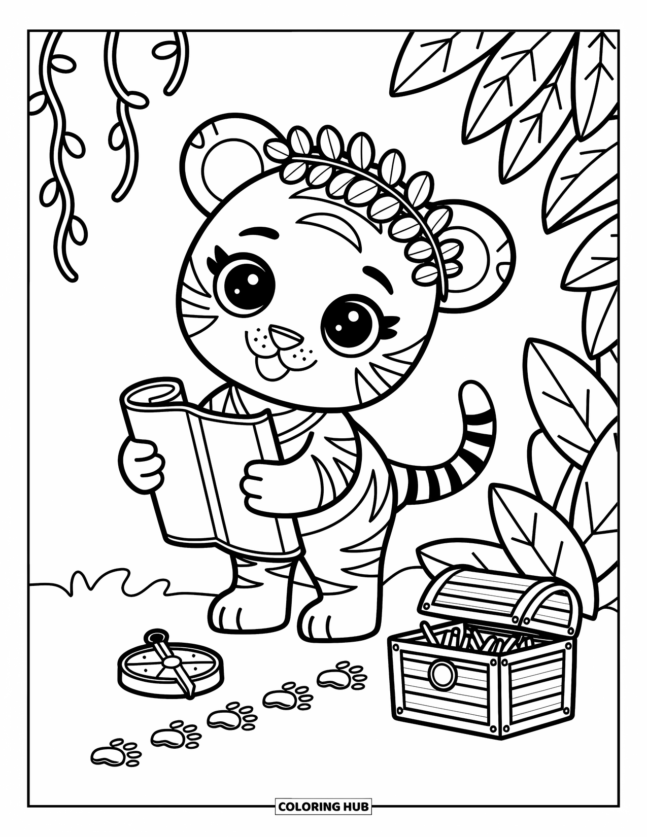 Kolorowanka z Tygryskiem dla Dorosłych: Tygrysiątko z mapą i koroną skrada się za liściami dżungli