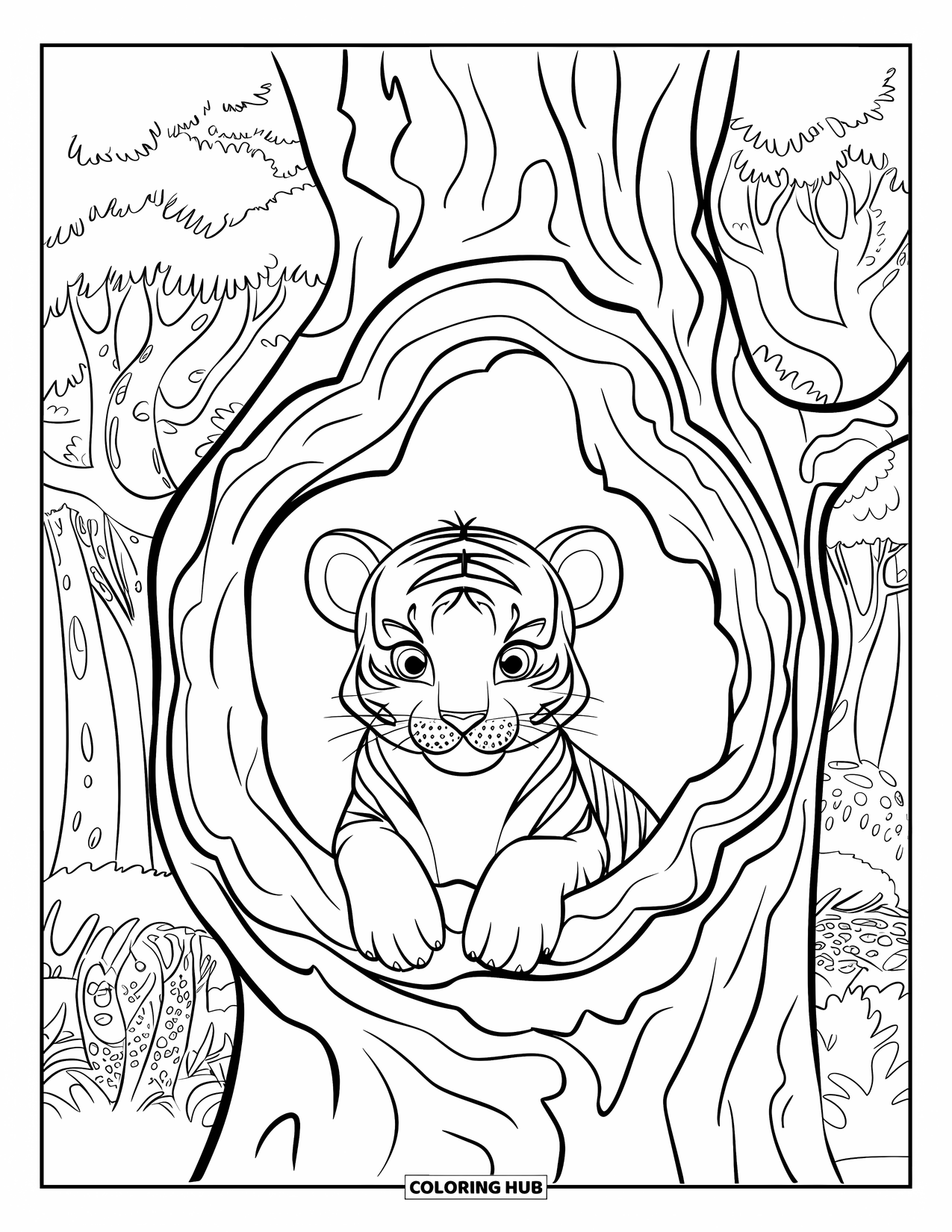 Kolorowanka z Tygryskiem dla Dorosłych: Tygrys wtula się we wnętrze dziupli w drzewie z teksturą kory i leśnymi widokami