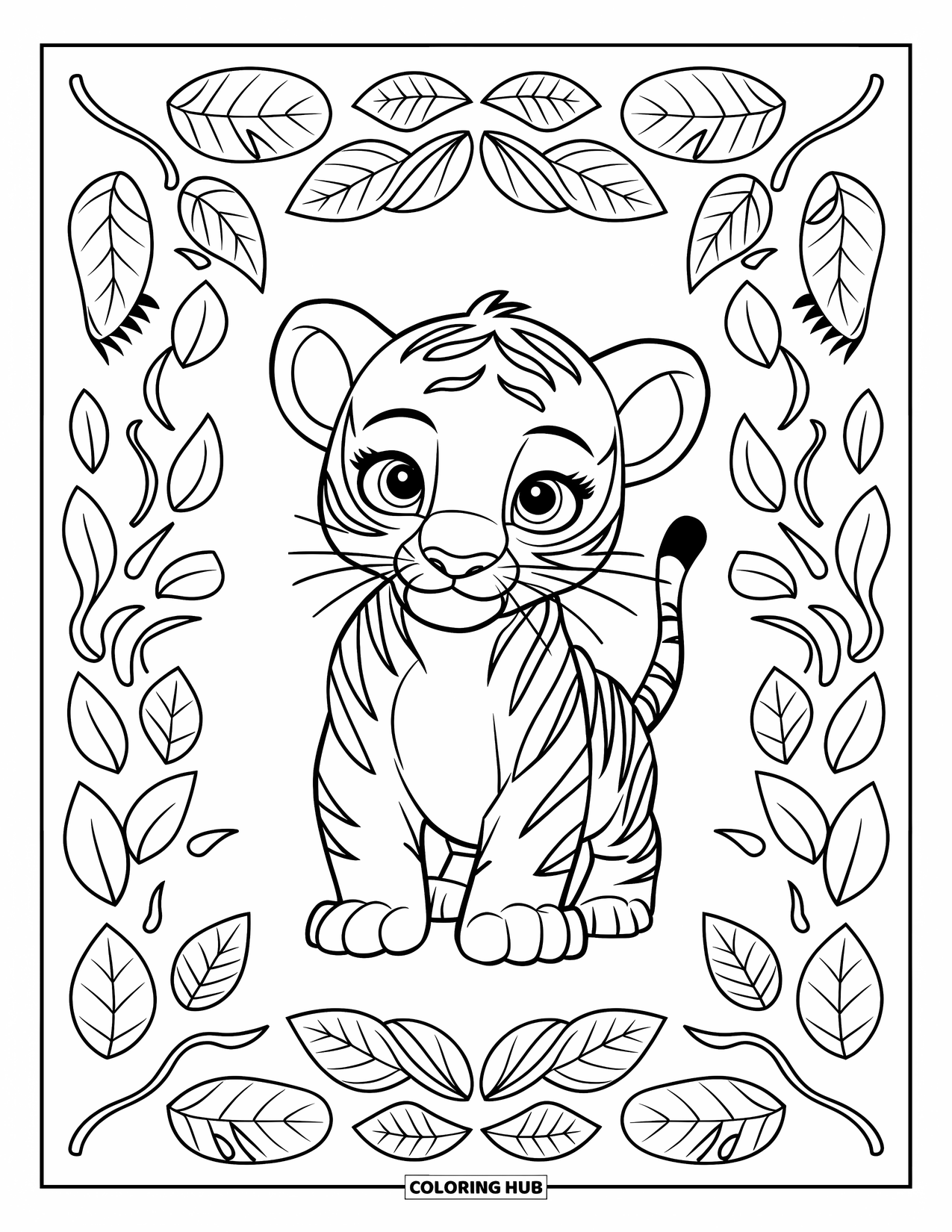 Kolorowanka z Tygryskiem dla Dorosłych: Tygrys otoczony liściastymi winoroślami w odważnym, nowoczesnym designie