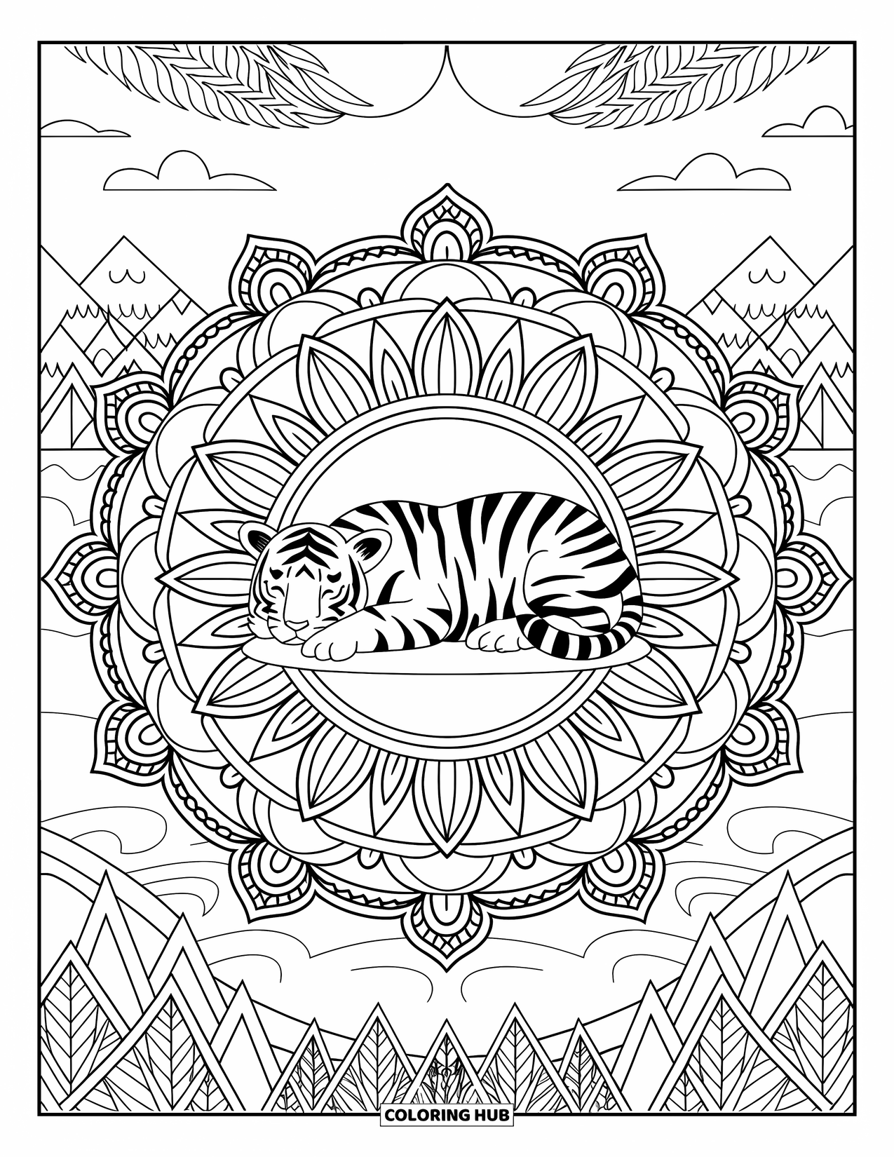 Kolorowanka z małym tygrysem dla dorosłych: Tygrys śpi w centrum mandali wypełnionej kwiatowymi wzorami