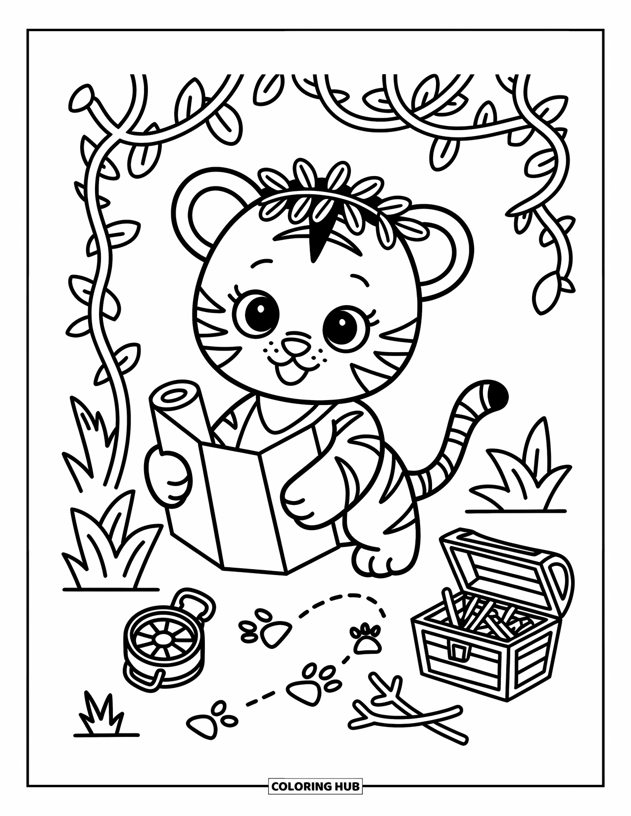 Kolorowanka z Tygryskiem dla Dorosłych: Mały tygrys odkrywca wygląda z mapą skarbów i skrzyneczką na gałązce