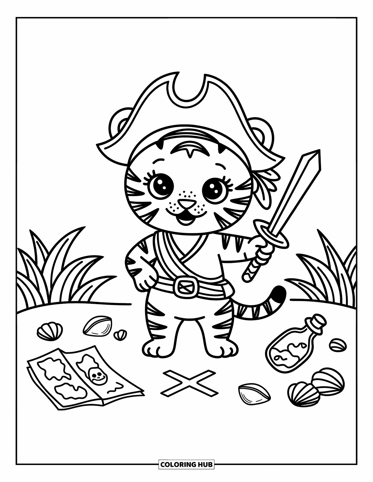 Kolorowanka z Tygryskiem dla Dorosłych: Malutki tygrys w pirackich strojach stoi obok mapy skarbu