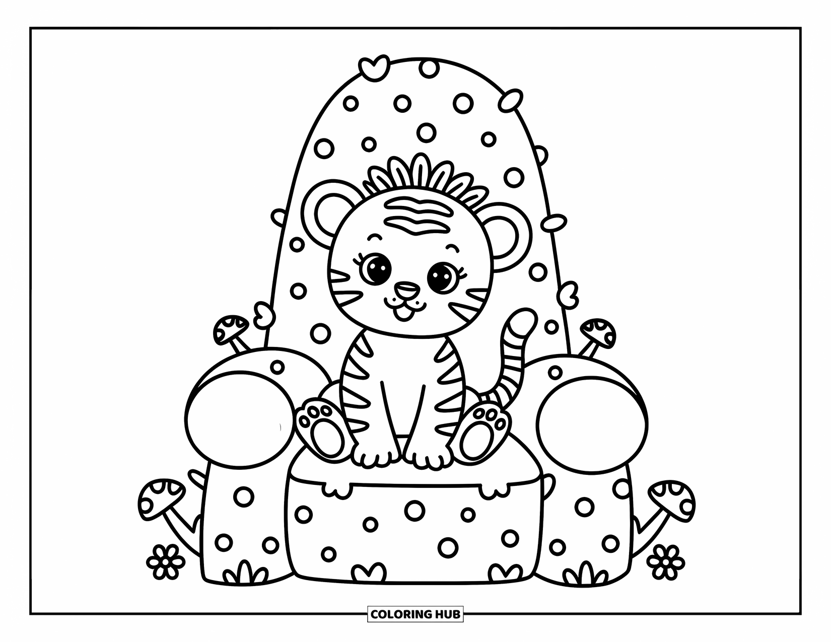 Kolorowanka z Tygryskiem dla Dorosłych: Malutki tygrysi król siedzi na mchu otoczony uroczymi grzybami