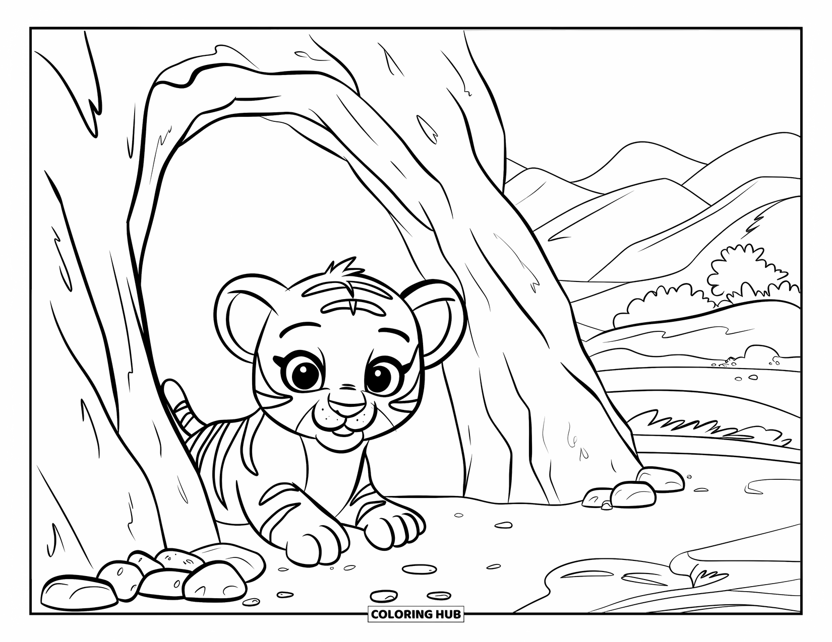 Kolorowanka z Tygryskiem dla Dzieci: Mały tygrys wygląda z skalnej jaskini z czujnymi uszami