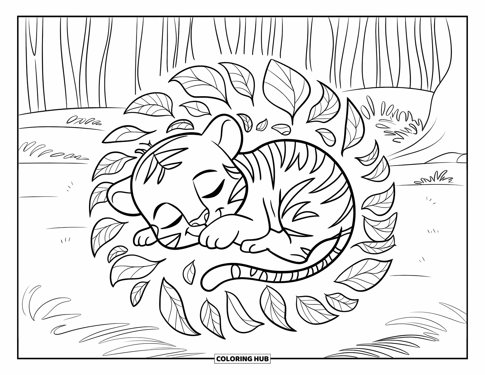 Kolorowanka z Tygryskiem dla Dzieci: Mały tygrys drzemie spokojnie w łóżku z miękkich liści w lesie