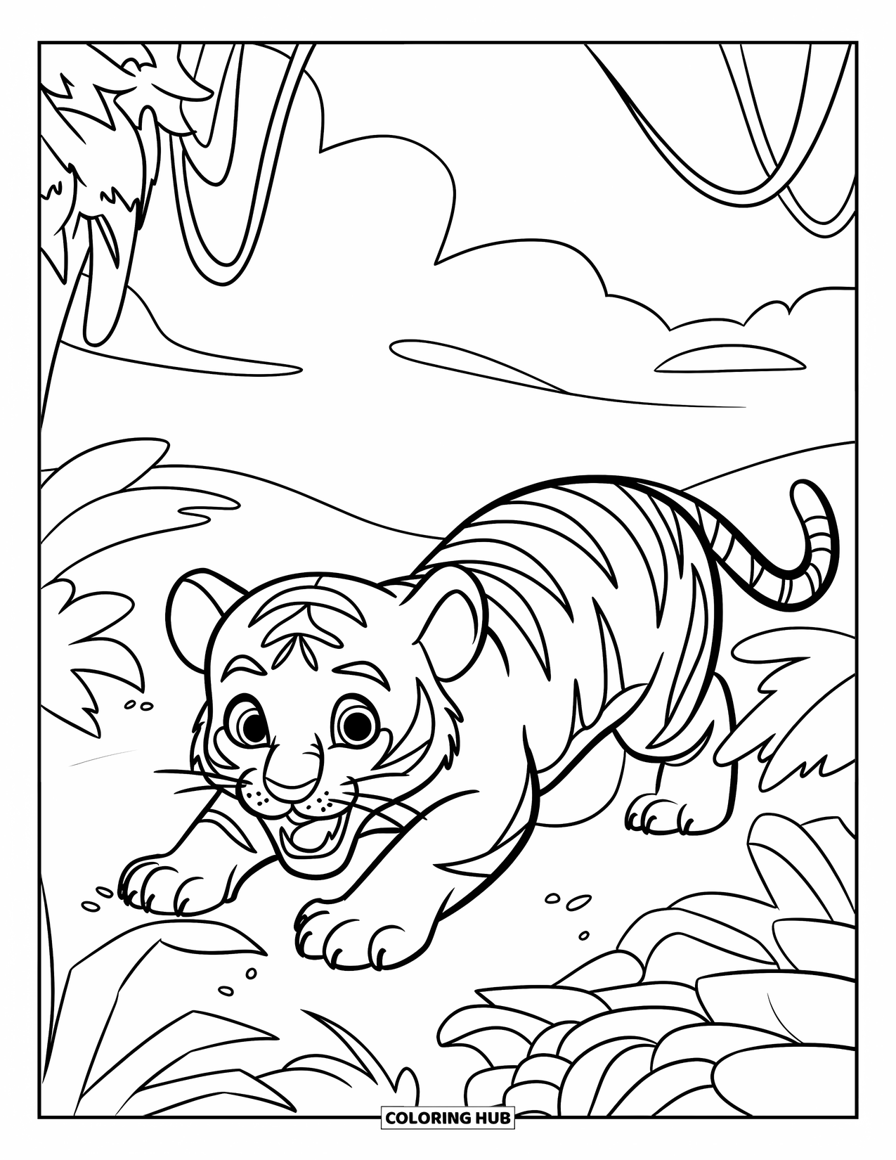 Kolorowanka z Tygryskiem dla Dzieci: Mały tygrys skrada się nisko przez gęste liście dżungli, z otwartym pyszczkiem