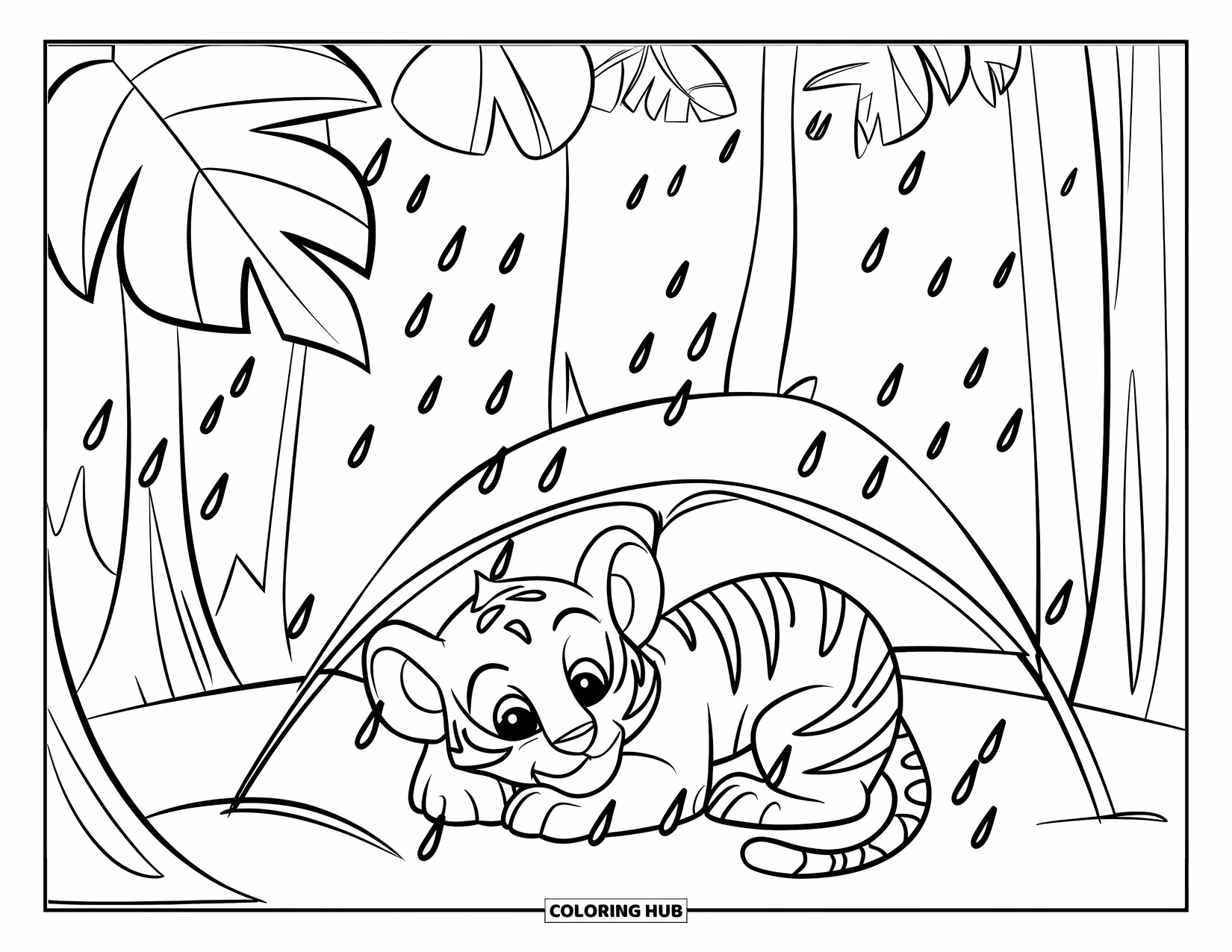 Kolorowanka z Tygryskiem dla Dzieci: Tygrysiątko odpoczywa pod liściastym przykryciem, spokojnie obserwując krople deszczu spadające na ziemię