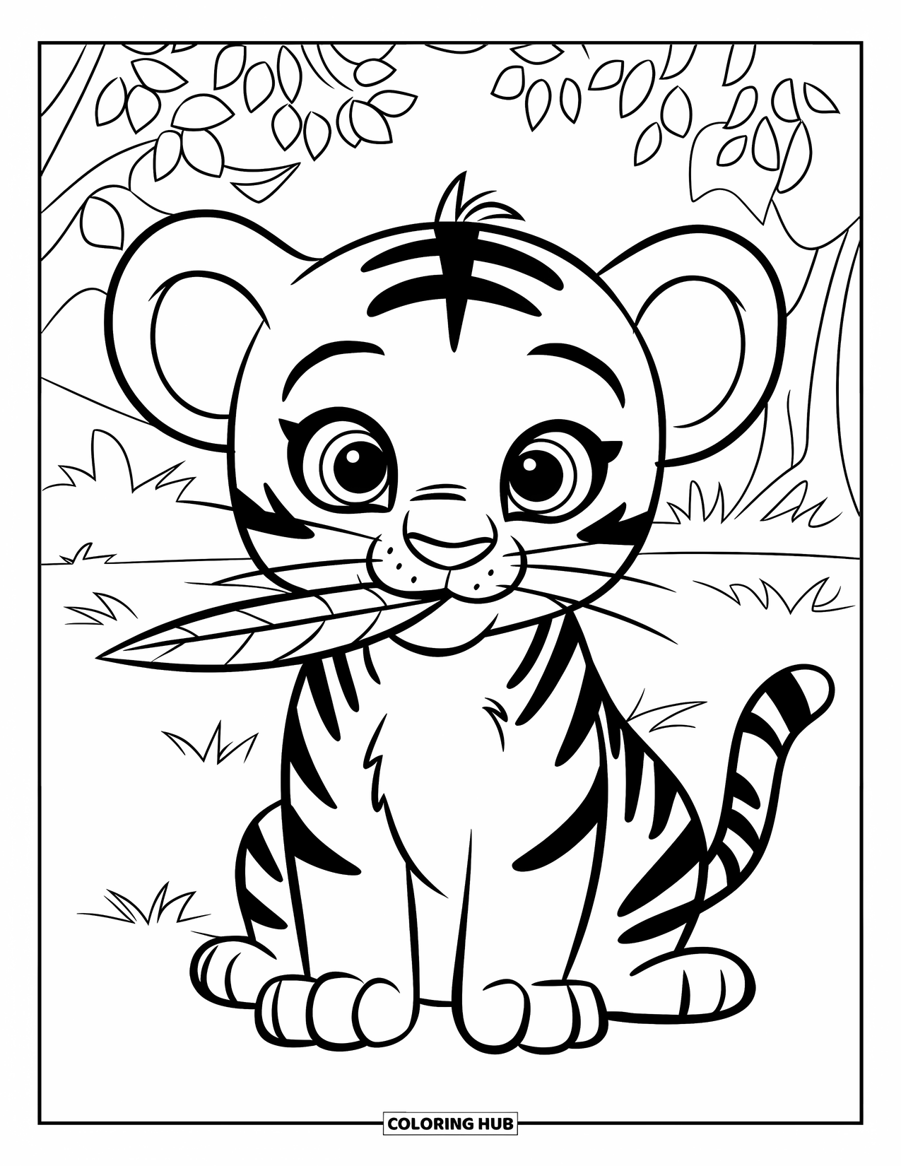 Kolorowanka z Tygryskiem dla Dzieci: Mały tygrys siedzi w trawie, trzymając liść w pyszczku