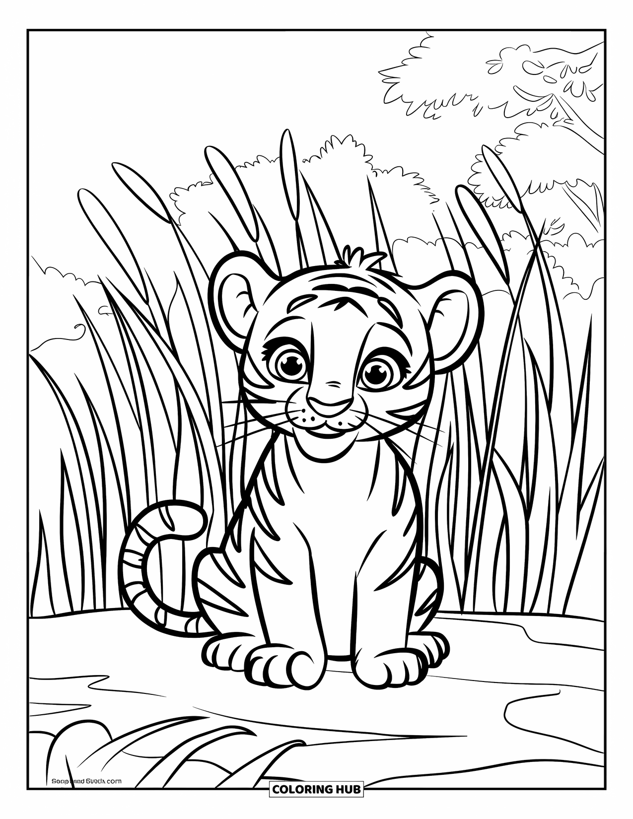 Kolorowanka z Tygryskiem dla Dzieci: Mały tygrys siedzi na skale z trawą delikatnie kołyszącą się w tle