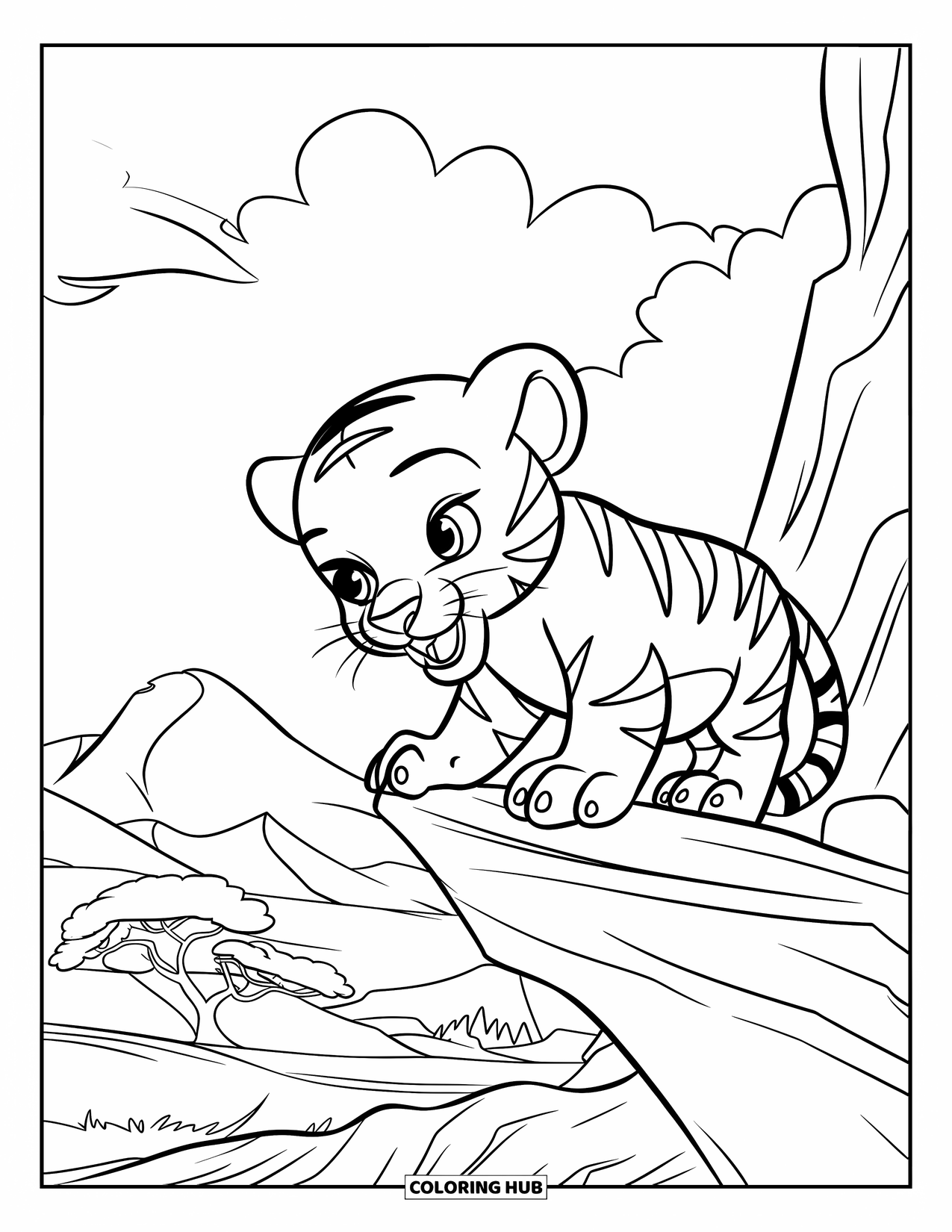 Kolorowanka z Tygryskiem dla Dzieci: Mały tygrys siedzi na skalnej półce, patrząc na las poniżej