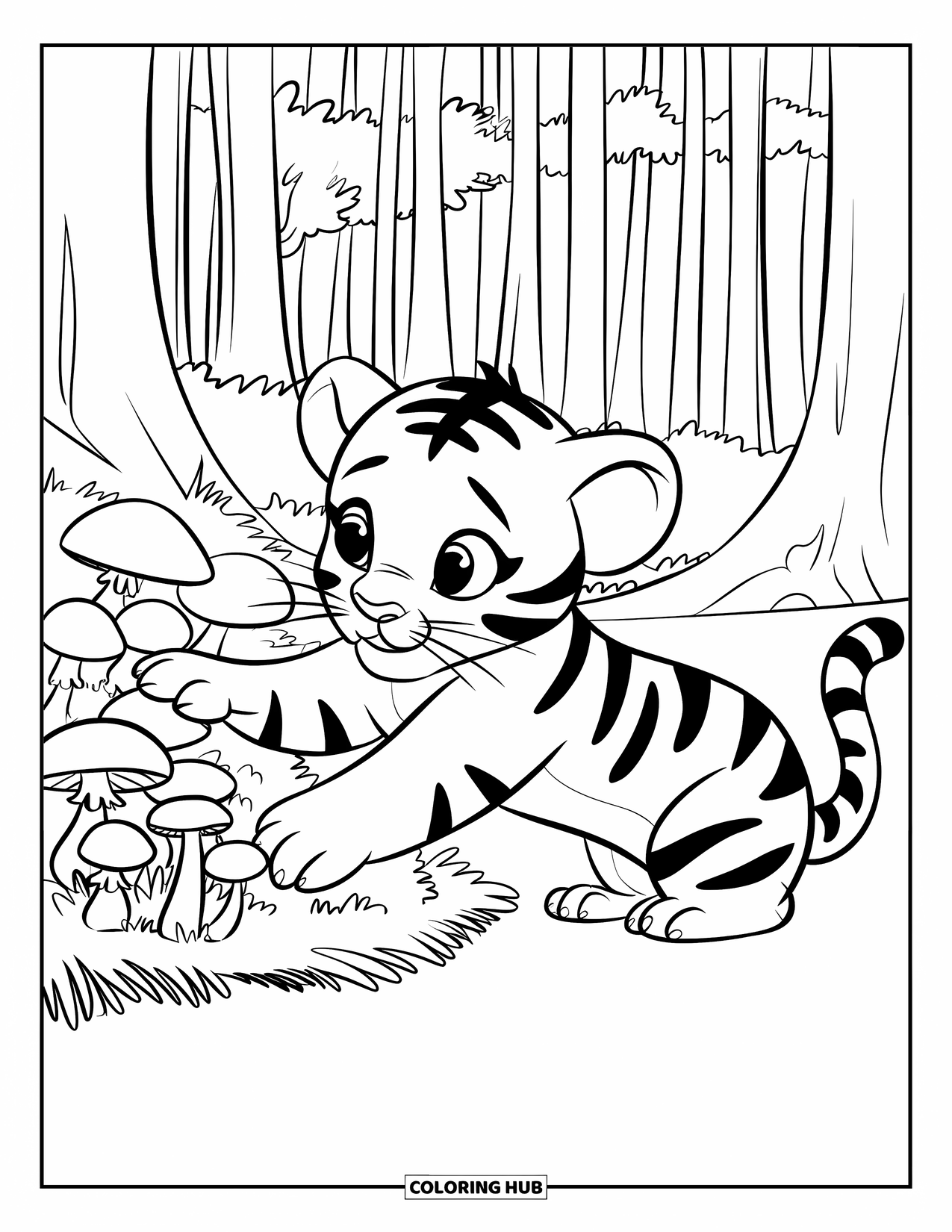 Kolorowanka z Tygryskiem dla Dzieci: Mały tygrys rozciąga się obok grzybów w cichym lesie