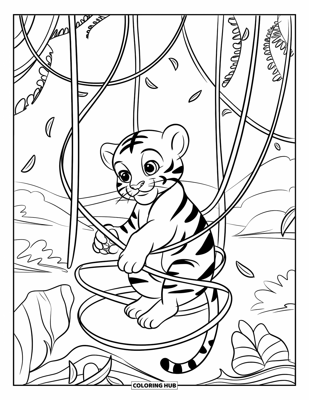 Kolorowanka z Tygryskiem dla Dzieci: Tygrysiątko zaplątane w wijące się winorośle, otoczone miękkimi liśćmi lasu