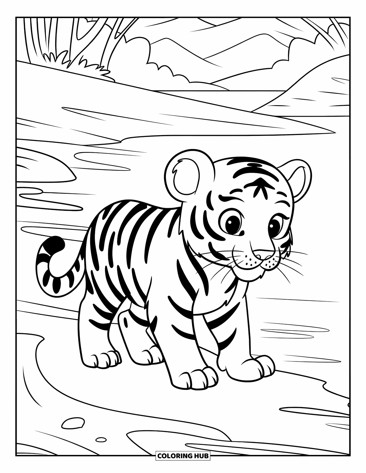Kolorowanka z Tygryskiem dla Dzieci: Mały tygrys spaceruje wzdłuż brzegu rzeki z drzewami i górami w tle