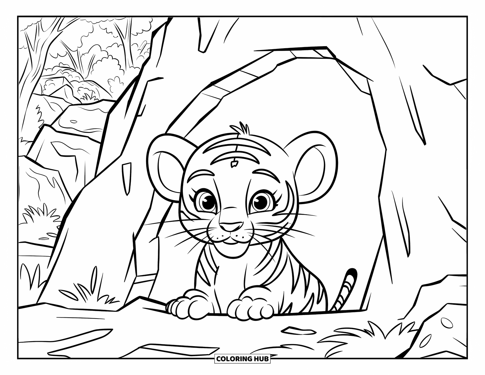 Kolorowanka z Tygryskiem dla Dzieci: Ciekawskie tygrysiątko spogląda z skalnej jaskini w głąb lasu