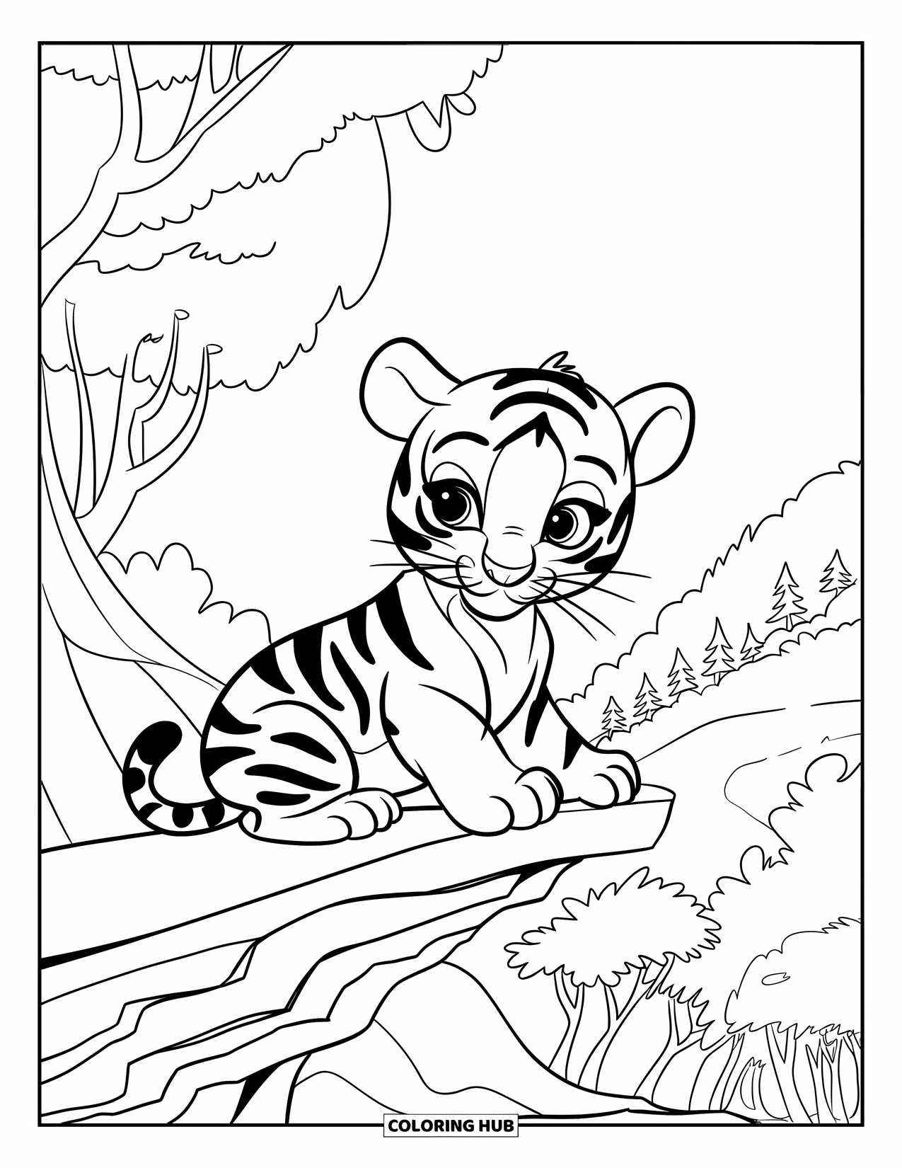 Kolorowanka z Tygryskiem dla Dzieci: Ciekawskie tygrysiątko odpoczywa na klifie, obserwując drzewa daleko poniżej