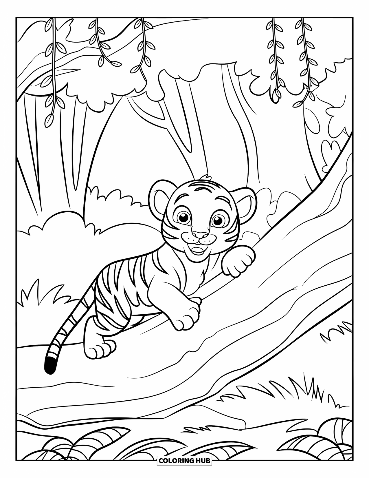 Kolorowanka z Tygryskiem dla Dzieci: Ciekawski tygrys wspina się na kłodę w dżungli z wiszącymi winoroślami