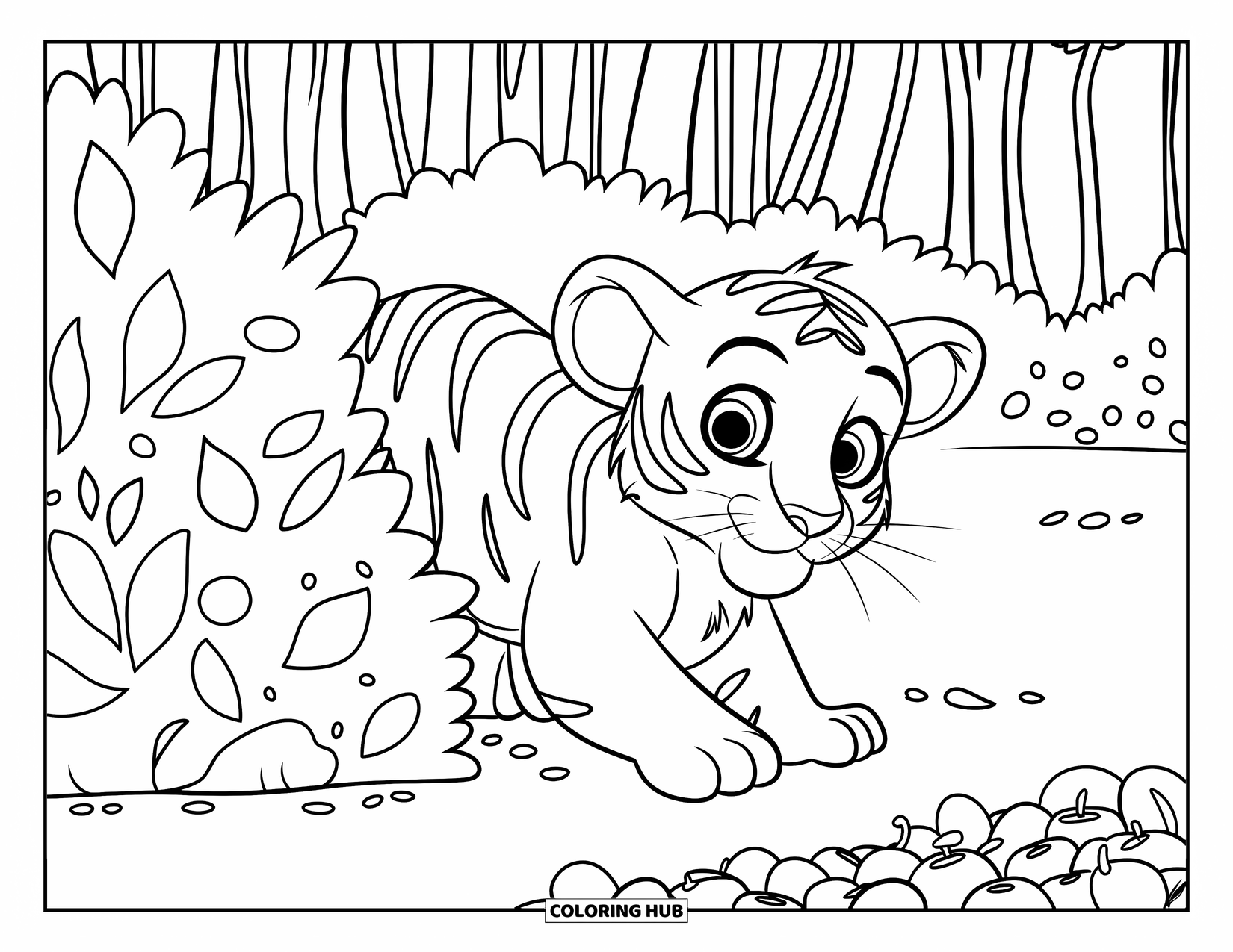 Kolorowanka z Tygryskiem dla Dzieci: Ciekawski tygrys ukrywa się w krzaku, gotowy do skoku na tropikalny owoc