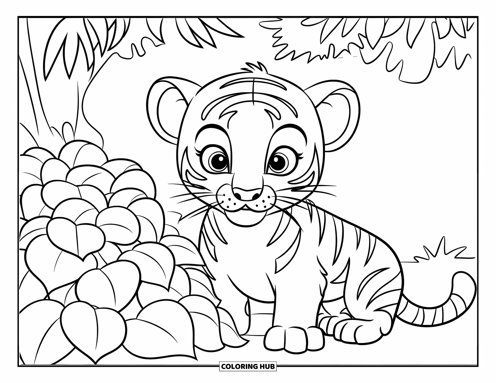 Kolorowanka z Tygryskiem dla Dzieci: Ciekawski tygrys spogląda zza liściastego krzaka