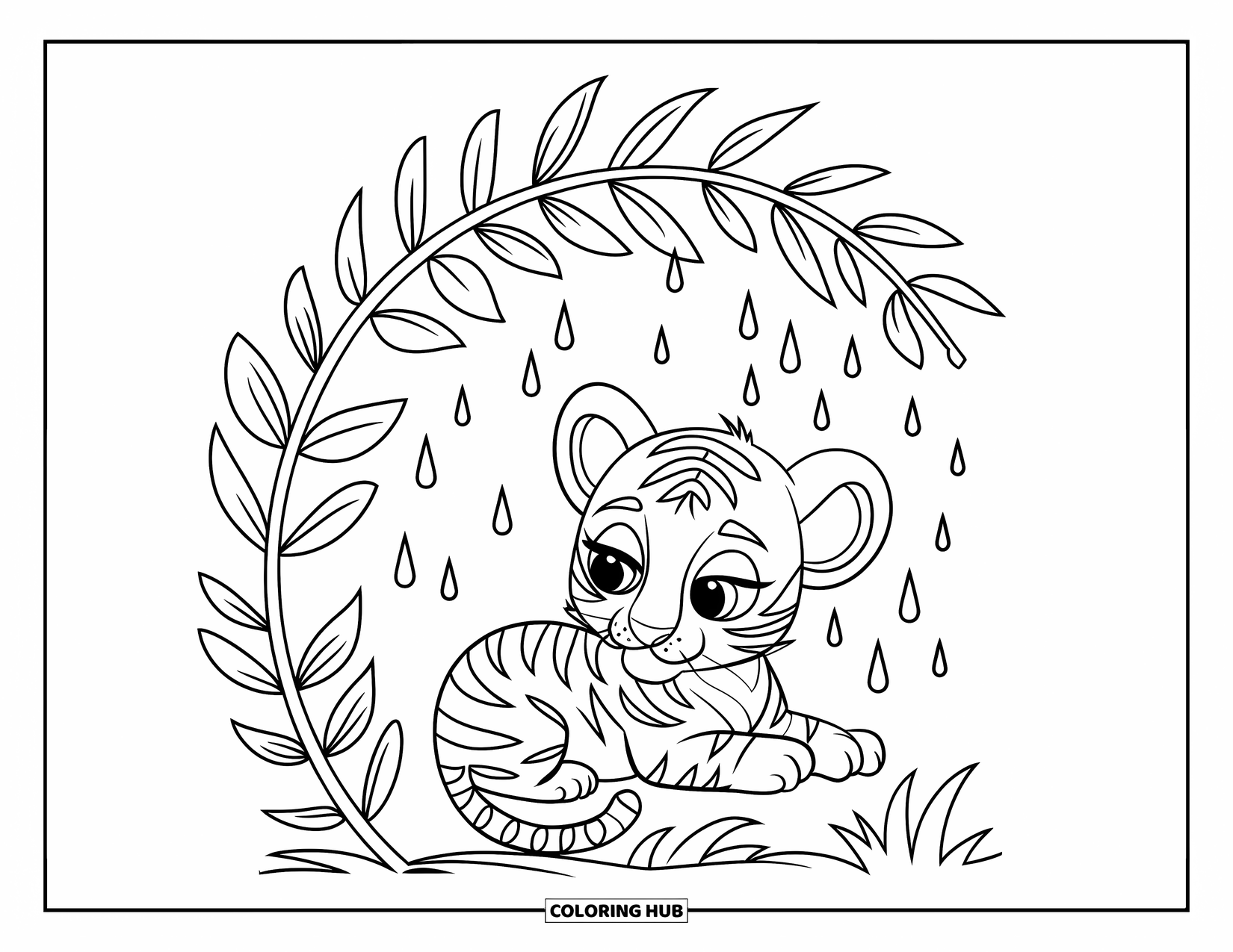 Kolorowanka z Tygryskiem dla Dzieci: Zwinięty tygrysiątko pod liściastym baldachimem, cicho obserwując padające krople deszczu