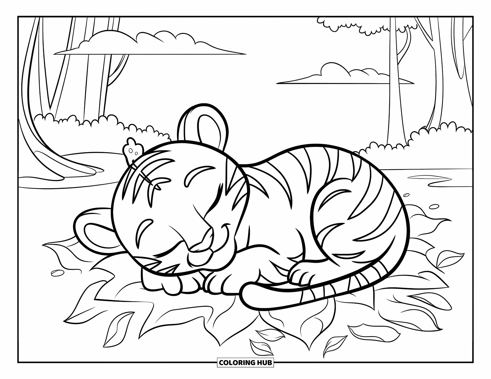 Kolorowanka z Tygryskiem dla Dzieci: Zwinięte tygrysiątko śpi cicho w liściastym leśnym łożu