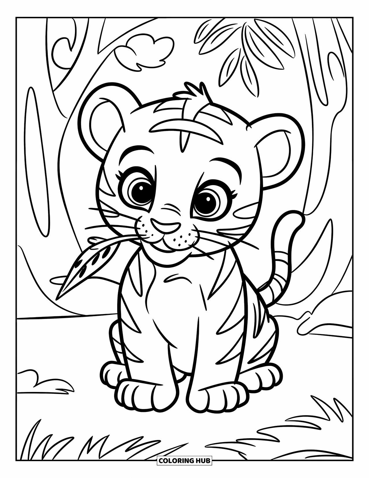 Kolorowanka z Tygryskiem dla Dzieci: Uroczy tygrysiątko siedzi spokojnie, trzymając liść w pyszczku