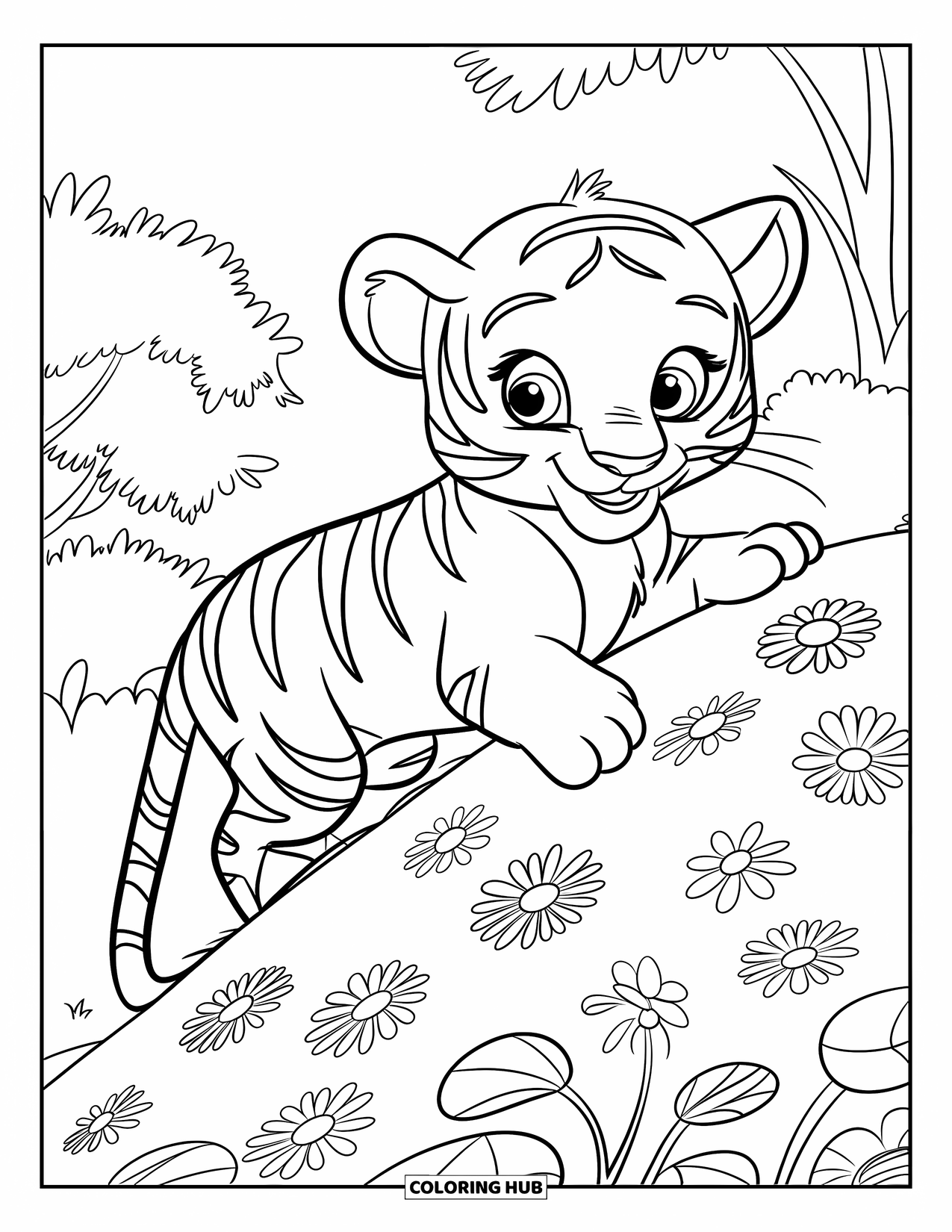 Kolorowanka z Tygryskiem dla Dzieci: Uroczy tygrys wspina się na wzgórze pokryte kolorowymi kwiatami